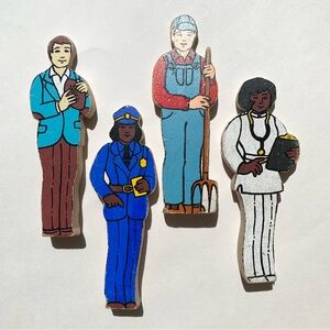 vintage lot 4 Guidecraft Wooden Wedgie Toy Figures farmer nurse police football